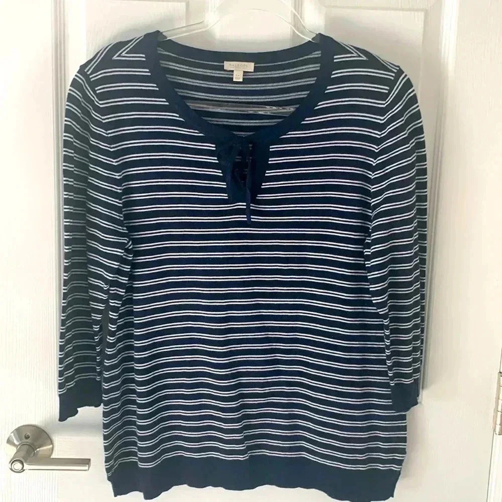 Talbots Navy and White striped Knit 3/4 sleeve top size Lp